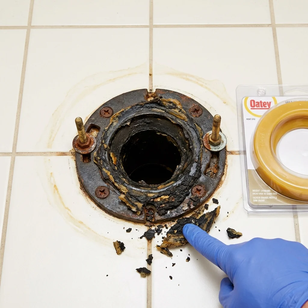 Failed wax ring showing water seepage at the base of a toilet in a Avon, IN home